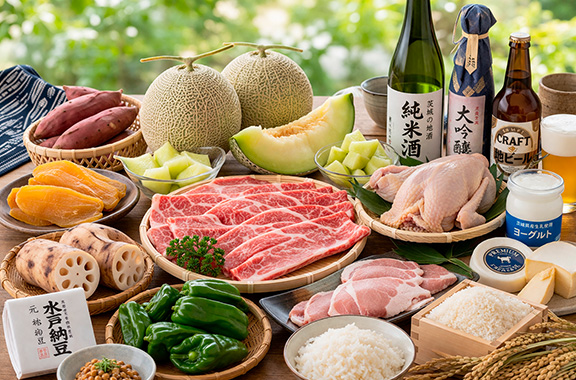 メロン、さつまいも、豚肉、鶏肉、米、日本酒、ビールが置かれた机