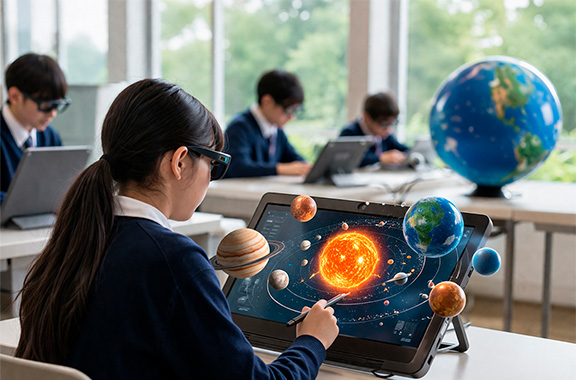 画面の前面に表示される3Dモデルの惑星を専用のペンで操作する人